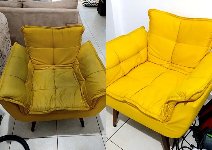 Yellow armchair before and after upholstery cleaning: stained seat on the left, vivid clean fabric on the right