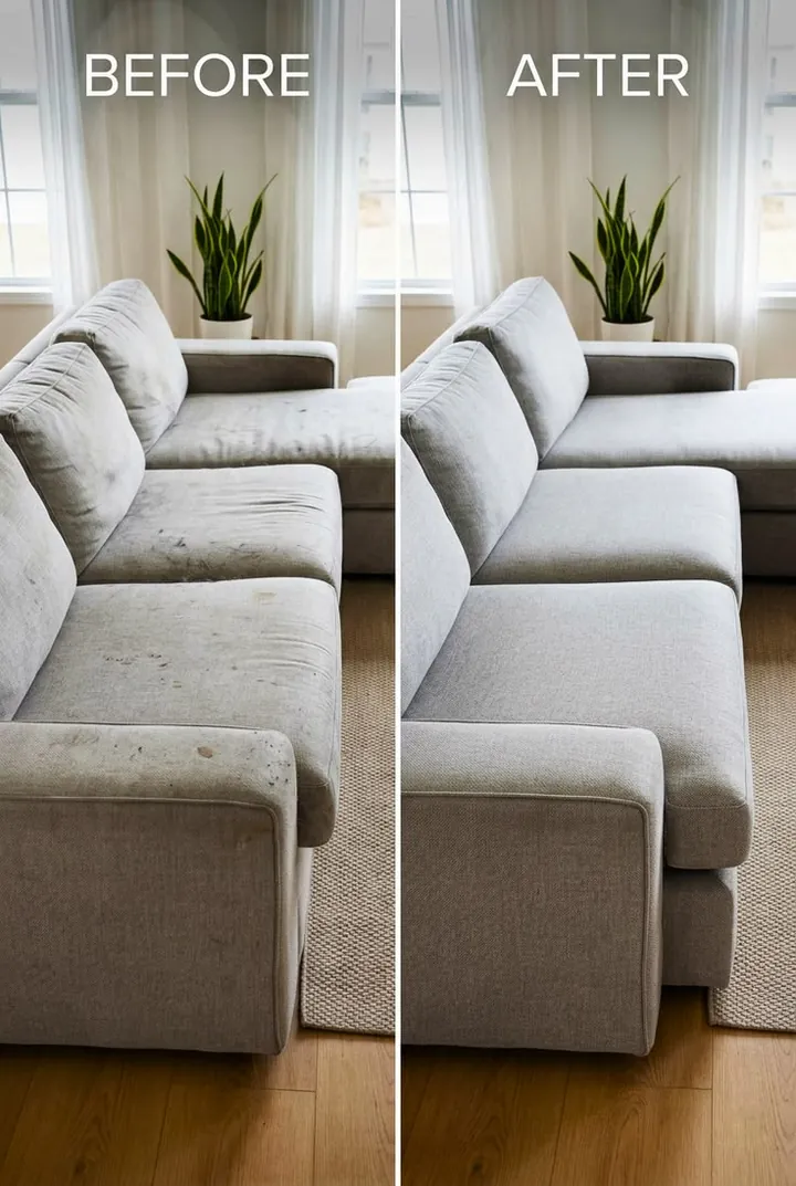 Gray sectional sofa shown before and after cleaning, side by side