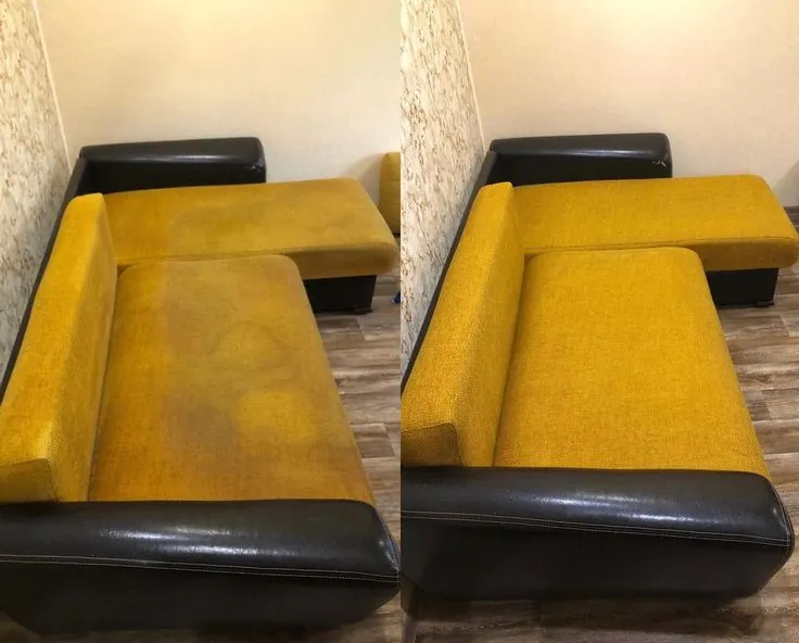 Yellow fabric sofa before and after cleaning: dark soiled seat on the left, bright clean fabric on the right