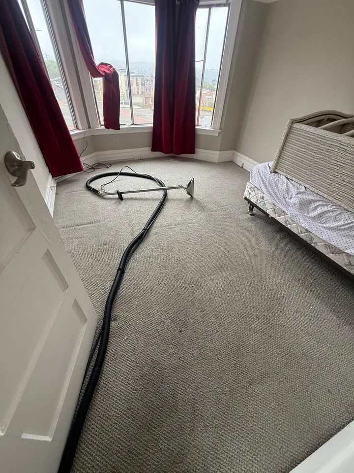 Bedroom carpet before cleaning, with the extraction wand and hose laid out on the floor